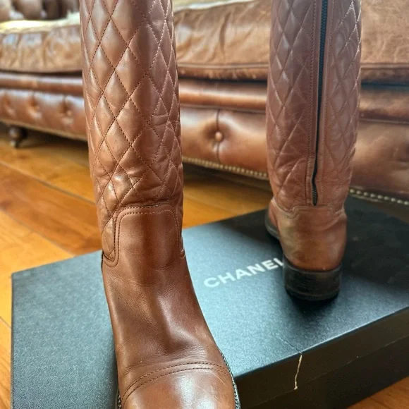 Chanel Women's CC Cap Toe Boots Quilted Leather Brown size :38 running small